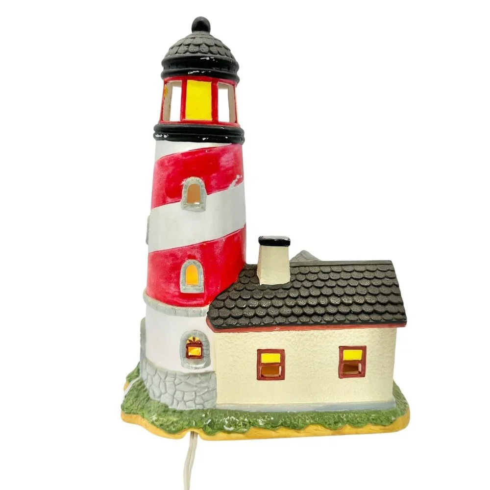 Lighthouse With Cottage Table Lamp Decoration With Lightbulb and Switch 10 x 8